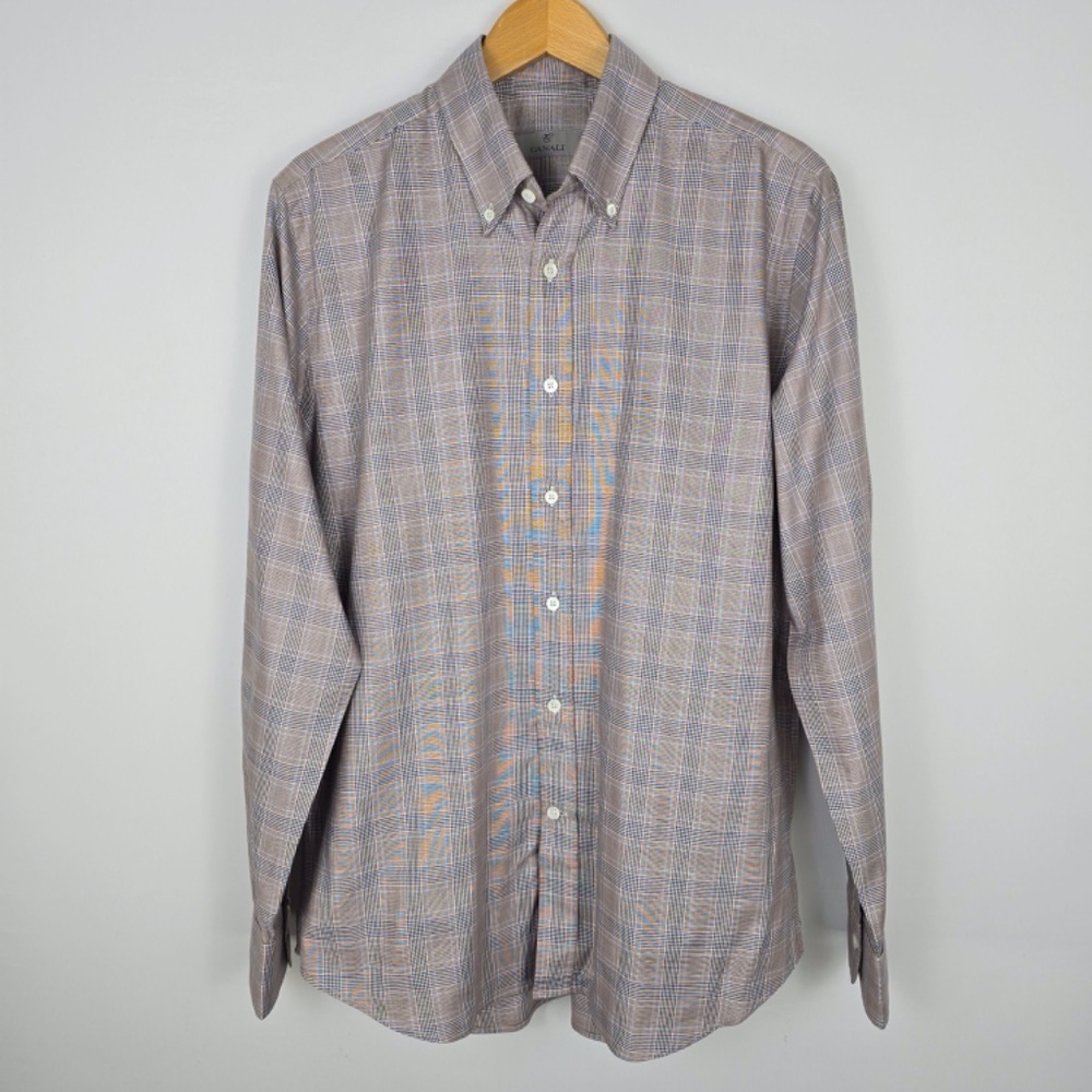 Canali 1934 Men's Luxury Glen Plaid Shirt Large Cotton Lyocell Blend Italy